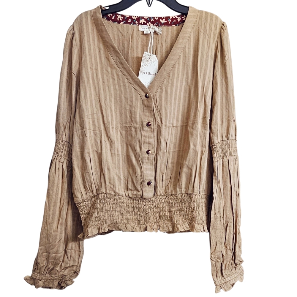 Hem & Thread Boho Striped V Neck Smocked Floral Buttons Blouse Size Medium NWT